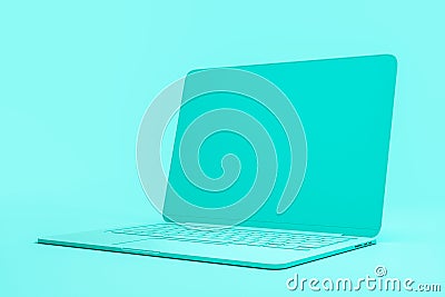 Minimal concept with onepiece single material tuquoise laptop at abstract tuquoise background Stock Photo