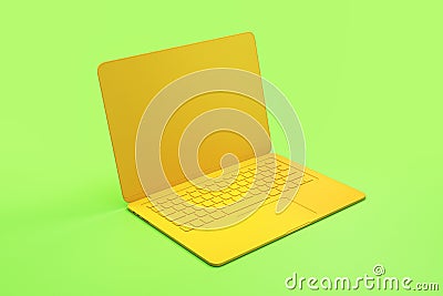 Minimal concept with onepiece single material yellow laptop at abstract light green background Stock Photo