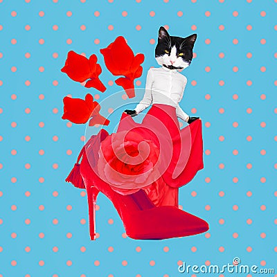 Minimal Contemporary collage art. Passion Kitty flamenco dancer. Trendy retro style Stock Photo