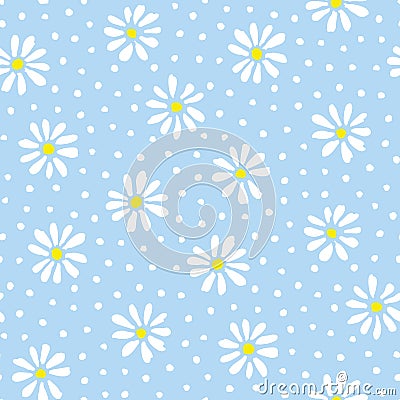 Minimal cute hand-painted daisies and dots on sky blue background vector seamless patters. Spring summer floral print Vector Illustration