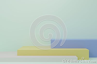 Minimal 3d rendering scene with composition empty step cube shades of blue pastel podium for product and abstract background. mock Cartoon Illustration