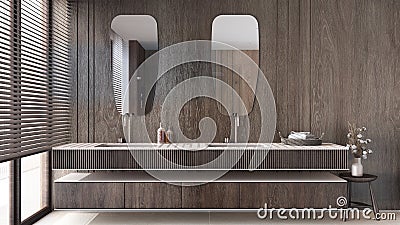 Minimal dark wooden bathroom close-up in white and beige tones. Double washbasin with sink and mirror. Window with venetian blinds Stock Photo