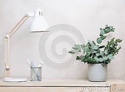 minimal decor scandinavian workspace with white lamp and cement vase with eucalyptus leaves branch. pens stationary Stock Photo