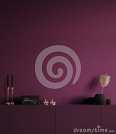 Minimal decorated dark deep color room with chest of drawers and vase with branch Stock Photo