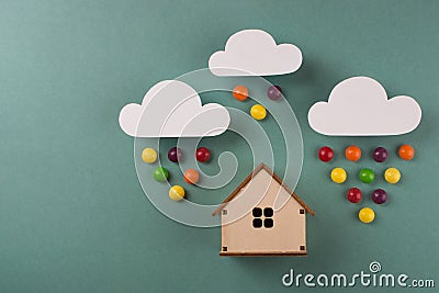 Minimal design with miniature wood toy house. Stock Photo