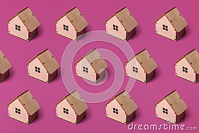 Minimal design with miniature wood toy house. Texture. Stock Photo