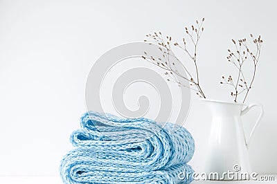 Minimal elegant composition with blue scarf and white vase Stock Photo