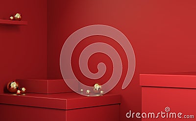Minimal Empty Geometry Abstract Primitive Platform Shape Red Box With Gold Ball Background 3d Render Stock Photo