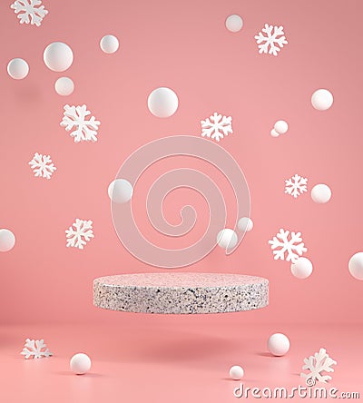 Minimal Empty Podium Float With Snow And Snowflake Pink Falling On Pink Background 3d Render Stock Photo