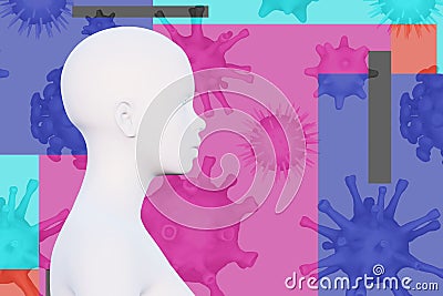 minimal female head and virus cells, side view, spread virus infection concept Stock Photo