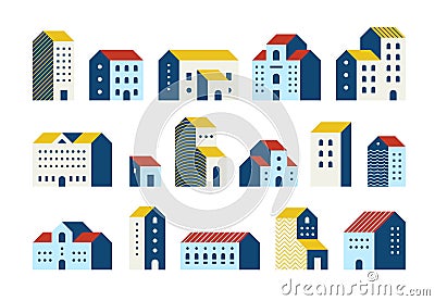 Minimal flat houses. Simple geometric buildings cartoon set, urban city town houses graphic. Vector minimal house Vector Illustration