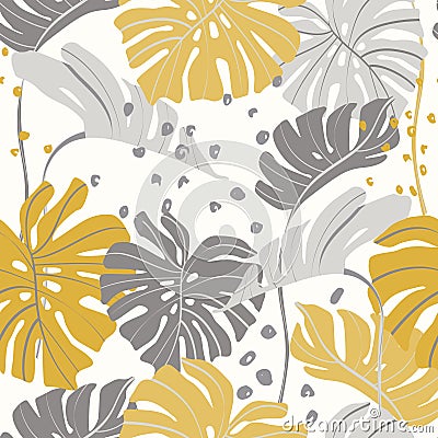 Minimal floral seamless pattern. Abstract monstera and palm leaves on doodle texture background Vector Illustration