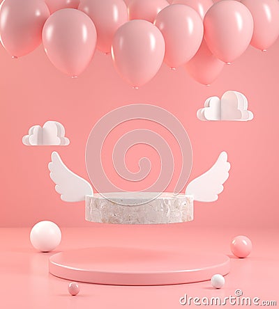 Minimal Form Stone Wing Display Fly With Balloon On Pink Pastel Abstract Bakground 3d Render Stock Photo