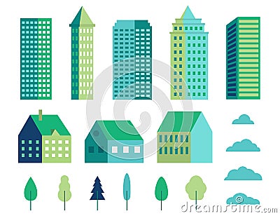 Minimal geometric buildings. Set of flat town, tree and cloud for landscape. Collection of urban houses for construction. Cartoon Illustration