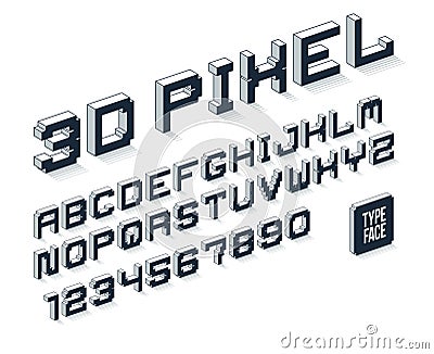 Minimal geometric cyberpunk 3D font, vector dimensional typeface in geometry minimalist cubic style, future technology simple Vector Illustration