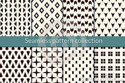 Minimal geometric seamless pattern collection. Geo background set. Triangle, star, square, diamond, arrow print bundle Vector Illustration