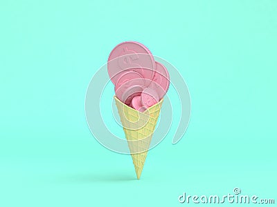 Minimal green background 3d render abstract ice cream cone pink dollar coin Stock Photo