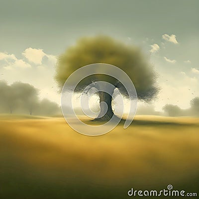 Minimal Green Tree In A Gold Meadow Stock Photo