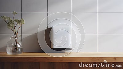 Minimal Hand Dryer: Sustainable Wooden Soapstone For Morning Presentation Stock Photo
