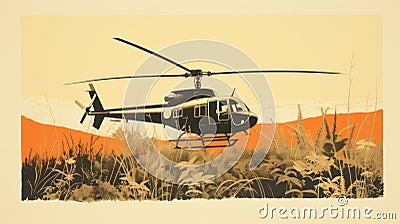 Minimal Helicopter Print In Tonal Landscapes: Wildlife Muralism Illustration Stock Photo