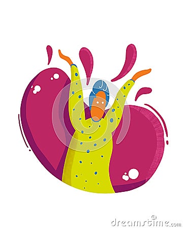 Minimal illustration of happy woman bursting out of an abstract bubble - digital drawing Cartoon Illustration