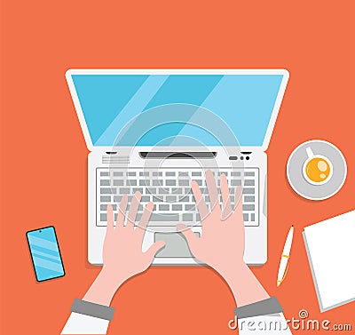 Minimal Illustration Of working On A laptop Keyboard Hands Pen Notebook Smartphone Concept Graphic Business office Vector Illustration