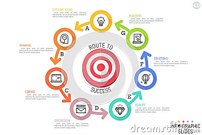 Minimal infographic design layout. Circular chart with 7 colored circles successively connected by arrows and located Vector Illustration