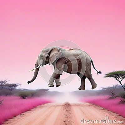 An minimal landscape with a pastel pink wild elephant gracefully hopping across the A beautiful elegant Cartoon Illustration