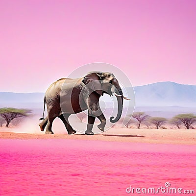 An minimal landscape with a pastel pink wild elephant gracefully hopping across the A beautiful elegant Cartoon Illustration