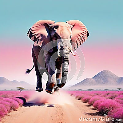 An minimal landscape with a pastel pink wild elephant gracefully hopping across the A beautiful elegant Cartoon Illustration