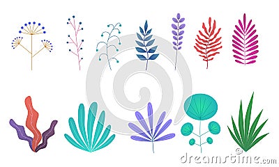 Minimal leaves flat. Simple green branches and bushes collection. Plant and tropical foliage. Jungle and garden summer Vector Illustration