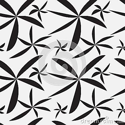 Minimal leaves or windmill shape seamless pattern. Black and white abstract silhouette background. Vector Illustration