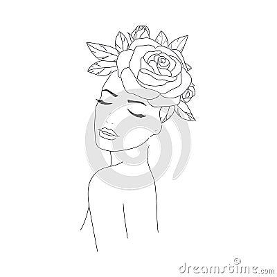 Minimal Line Drawing Woman Flower Images. Vector Illustration