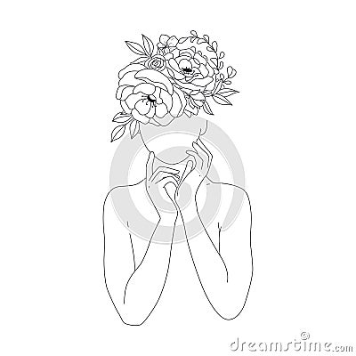 Minimal Line Drawing Woman Flower Images. Vector Illustration