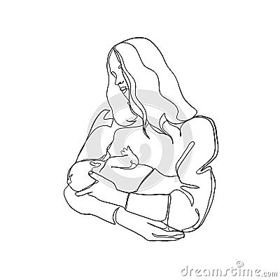 Minimal line vector woman mother holding newborn baby in arms. Vector Illustration