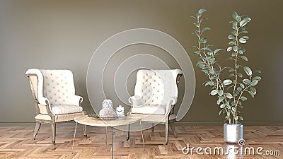Minimal living room with black wall and two chair and a big plant 3D illustration Cartoon Illustration