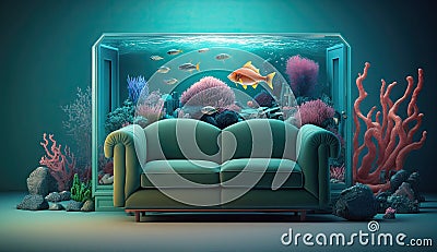 Minimal living room with interior sofa and under the sea fish tank or aquarium decoration, underwater with coral reef and fishes Stock Photo