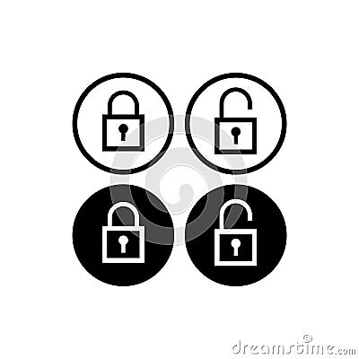 Minimal Lock Unlock button set. Outline Square Padlock icon vector illustration with round shape. Security design element. Vector Illustration