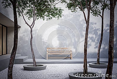 Minimal loft style white stone garden with concrete wall 3d render Stock Photo
