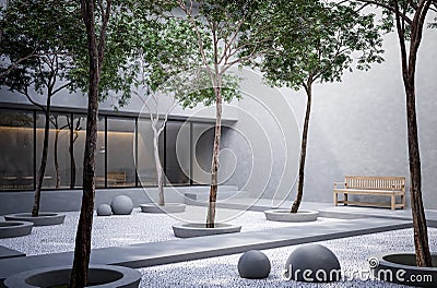 Minimal loft style white stone garden with house room background 3d render Stock Photo