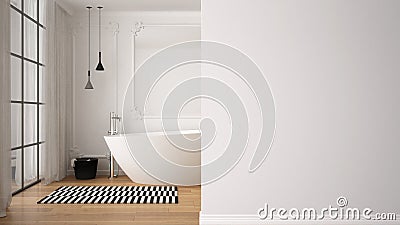 Minimal luxury bathroom with bathtub, carpet, mirror and pendant lamps on a foreground wall, interior design architecture idea, Stock Photo