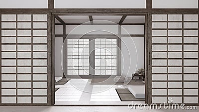 Minimal meditation room in white and beige tones with paper door. Capet, pillows and tatami mats. Dark wooden beams and wallpaper Stock Photo