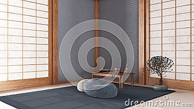 Minimal meditation room in white and blue tones, Capet, table with Mala and bonsai. Wooden beams and paper doors. Japandi interior Stock Photo