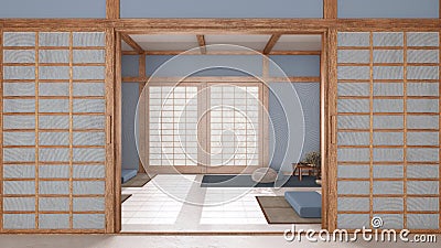 Minimal meditation room in white and blue tones with paper door. Capet, pillows and tatami mats. Wooden beams and wallpaper. Stock Photo