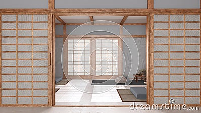 Minimal meditation room in white and gray tones with paper door. Capet, pillows and tatami mats. Wooden beams and wallpaper. Stock Photo