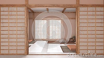 Minimal meditation room in white and orange tones with paper door. Capet, pillows and tatami mats. Wooden beams and wallpaper. Stock Photo