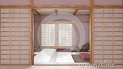 Minimal meditation room in white and red tones with paper door. Capet, pillows and tatami mats. Wooden beams and wallpaper. Stock Photo