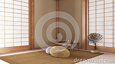 Minimal meditation room in white and yellow tones, Capet, table with Mala and bonsai. Wooden beams and paper doors. Japandi Stock Photo