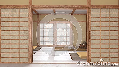 Minimal meditation room in white and yellow tones with paper door. Capet, pillows and tatami mats. Wooden beams and wallpaper. Stock Photo