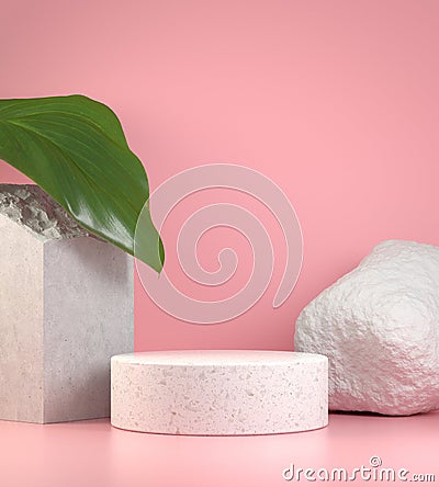 Minimal Mockup Podium Shelves, Leaf Tropic, Rock Pink Pastel Background 3D Rendering Stock Photo
